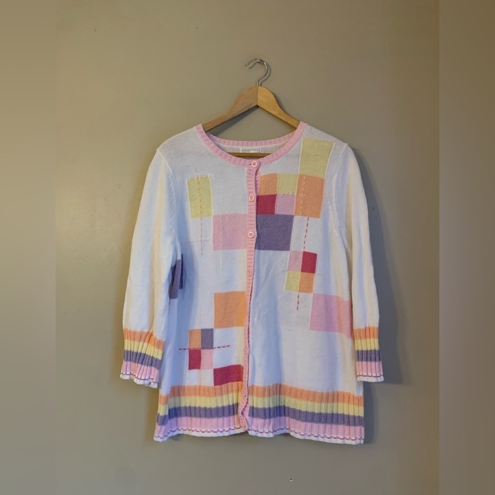 Christopher & Banks Hand Embroidered pink argyle Knit Cardigan Vintage Cottage